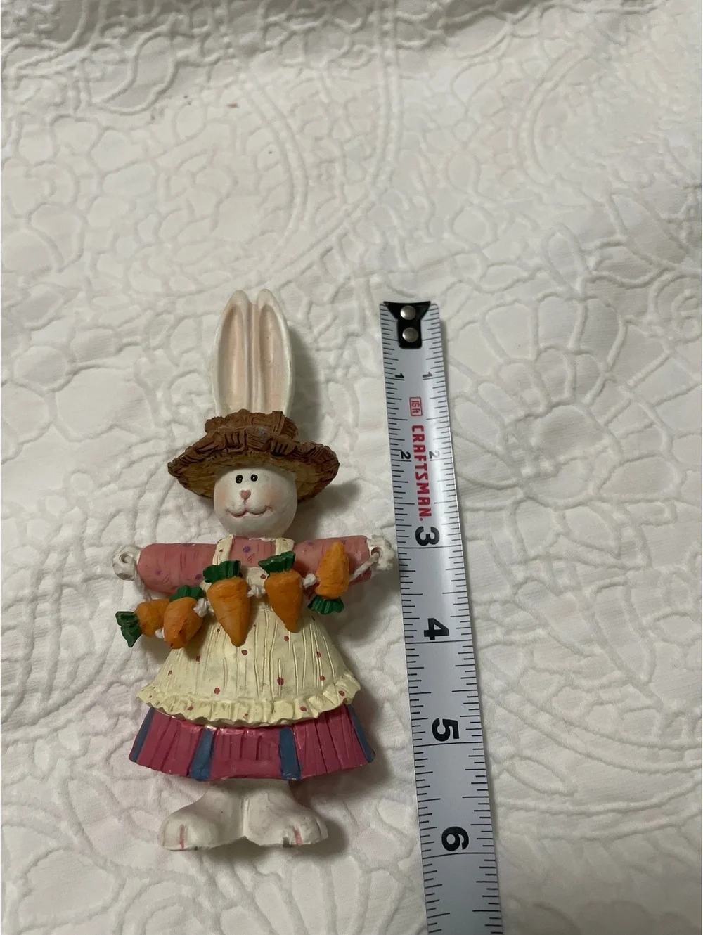 Hand-Painted Easter Bunny Figurine with Carrot Apron and Straw Hat